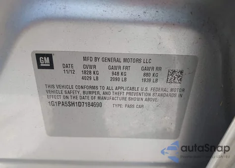 2013 Chevrolet Cruze Ls Auto from USA, damaged, VIN 1G1PA5SH1D7184690